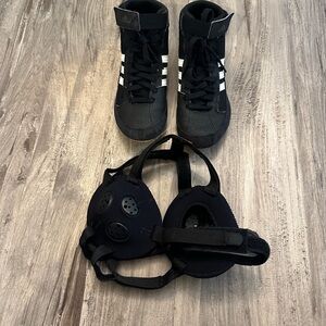 Youth wrestling shoes and headgear. Used one season, good condition.